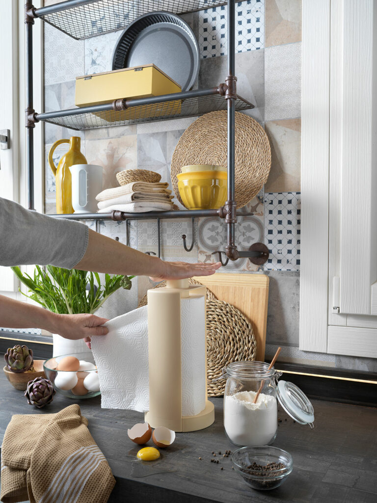 Stojan na papírové utěrky s brzdou STOP žlutý Blim+