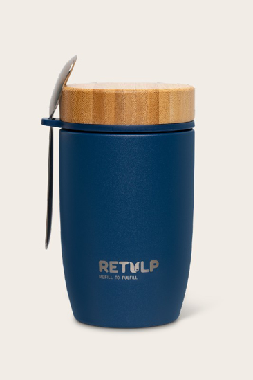 Velký termo dvoustěnný hrnek/kulatý box s bambusovým víčkem a lžicí tmavě modrý 500ml RETULP