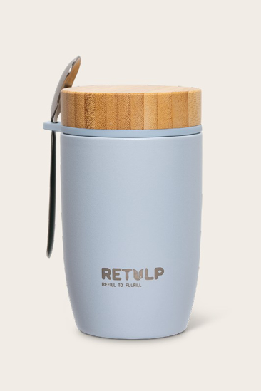 Velký termo dvoustěnný hrnek/kulatý box s bambusovým víčkem a lžicí šedý 500ml RETULP