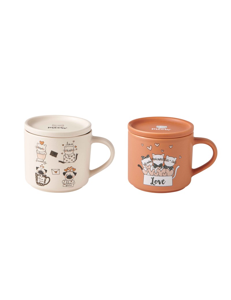 Sada 2 porcelánových šálků s víkem/podšálkem s motivem koček 350ml BRANDANI