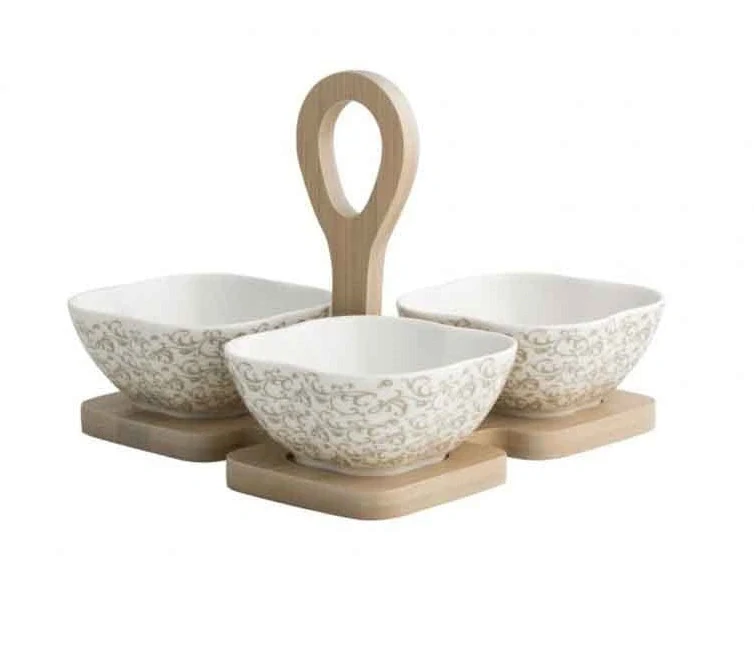 Sada 3 kusů mističek z porcelánu s podporou v přírodním bambusu RICCIOLO DI FATA BRANDANI