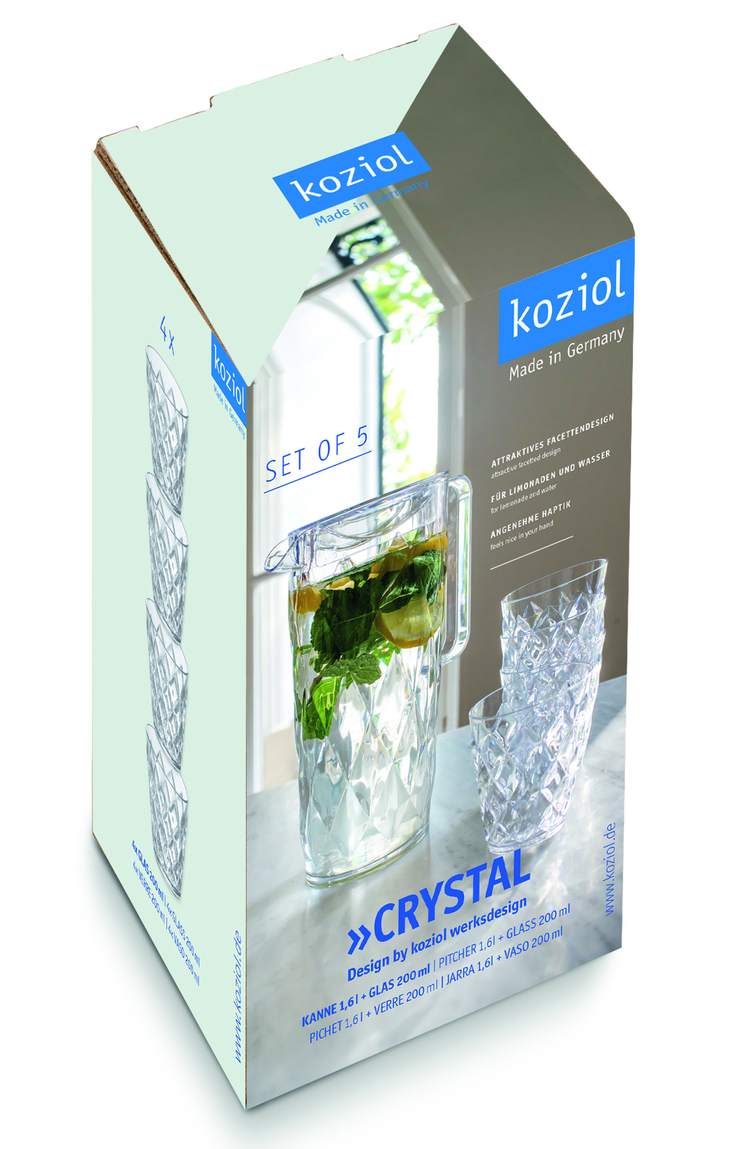 CRYSTAL set karafa 1,6 l + 4 sklenice KOZIOL, čirá