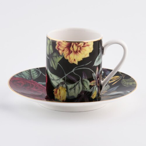 Porcelánový šálek s podšálkem na presso 90ml černý žluté květy Jul Blom DUKA 
