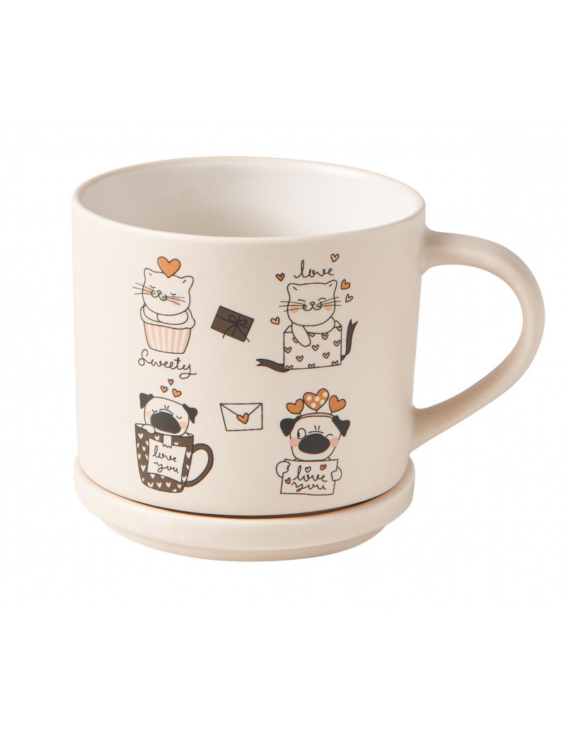 Sada 2 porcelánových šálků s víkem/podšálkem s motivem koček 350ml BRANDANI