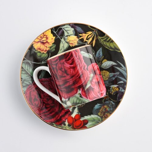 Porcelánový šálek s podšálkem na presso 90ml černý žluté květy Jul Blom DUKA 