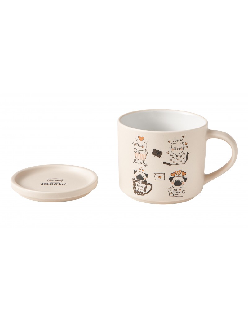 Sada 2 porcelánových šálků s víkem/podšálkem s motivem koček 350ml BRANDANI