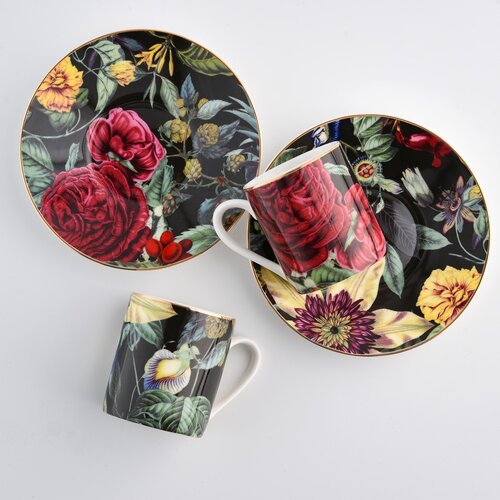 Porcelánový šálek s podšálkem na presso 90ml černý zelené listy Jul Blom DUKA 