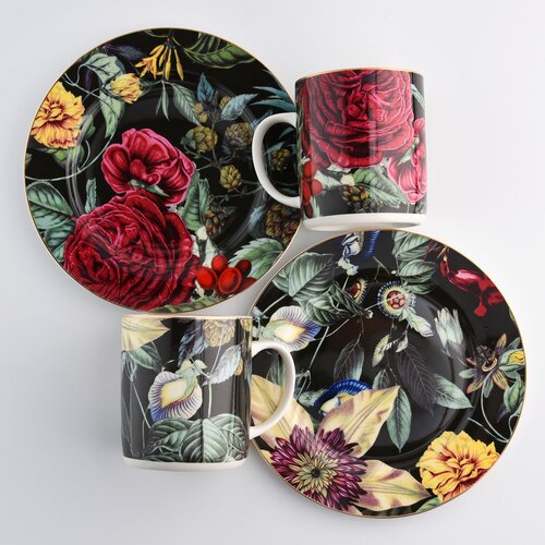 Porcelánový šálek s podšálkem na presso 90ml černý žluté květy Jul Blom DUKA 