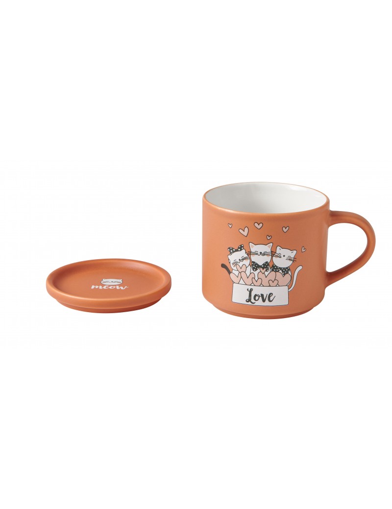 Sada 2 porcelánových šálků s víkem/podšálkem s motivem koček 350ml BRANDANI