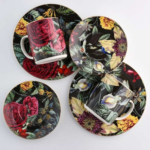 Porcelánový šálek s podšálkem na presso 90ml černý žluté květy Jul Blom DUKA 