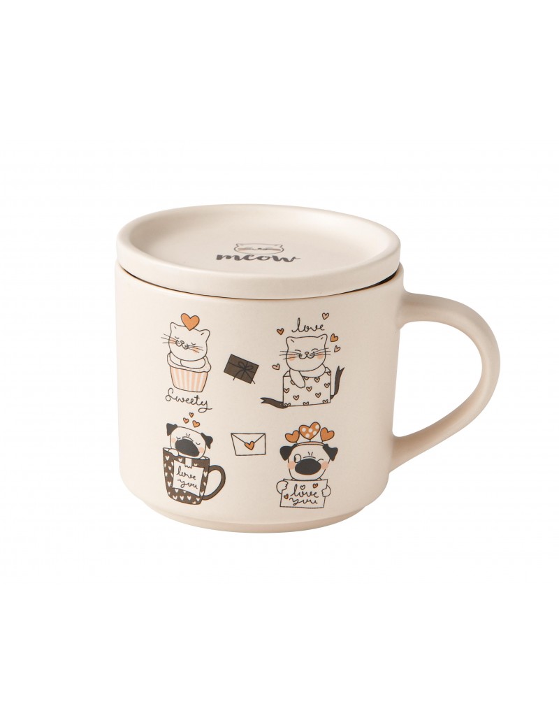 Sada 2 porcelánových šálků s víkem/podšálkem s motivem koček 350ml BRANDANI