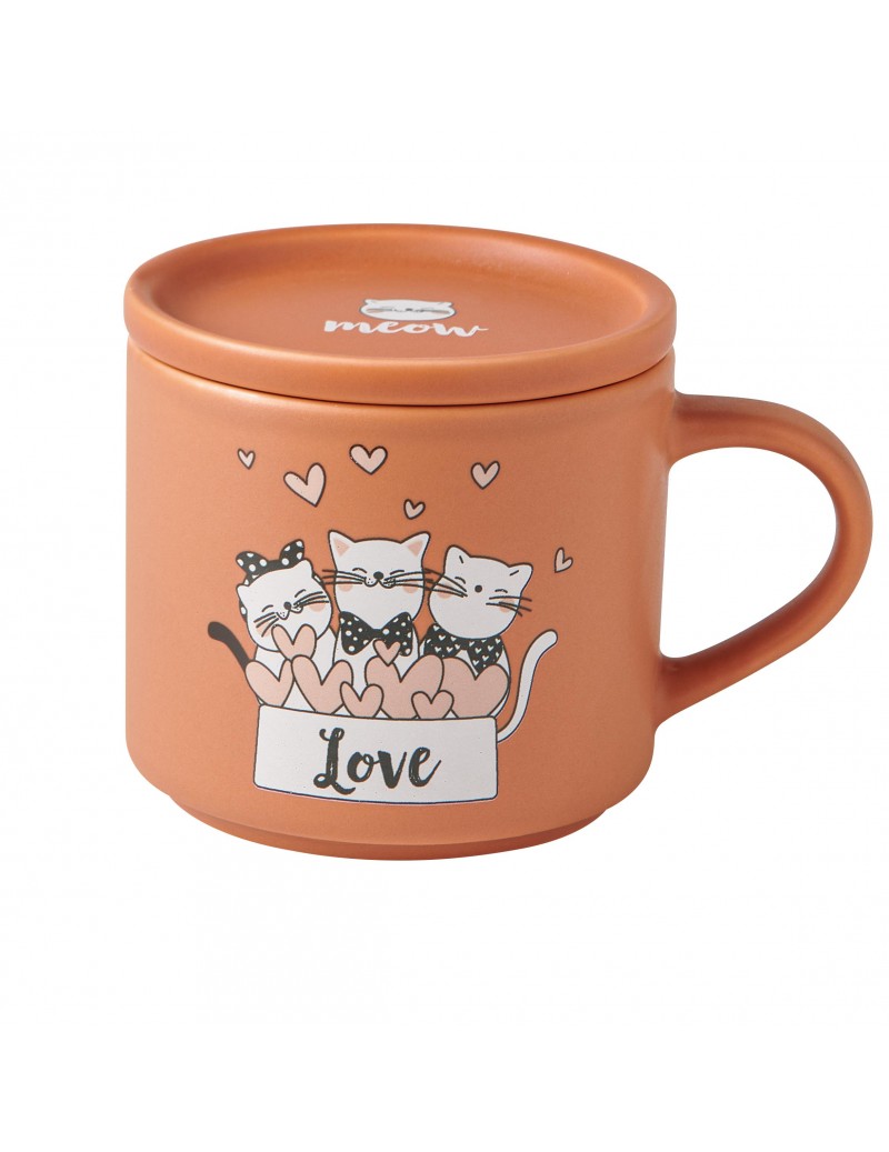 Sada 2 porcelánových šálků s víkem/podšálkem s motivem koček 350ml BRANDANI