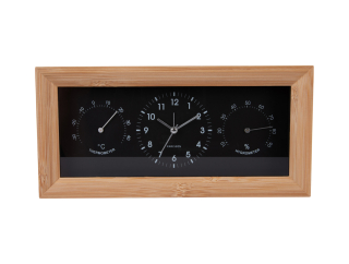 Budík, hodiny s teploměrem a vlhkoměrem, bambus, černé KARLSSON