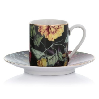 Porcelánový šálek s podšálkem na presso 90ml černý žluté květy Jul Blom DUKA 