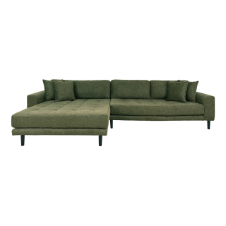 House Nordic Pohovka Lounge Sofa, levá strana, v olivově zelené barvě, se čtyřmi polštáři a nohami z černého dřeva, HN1020